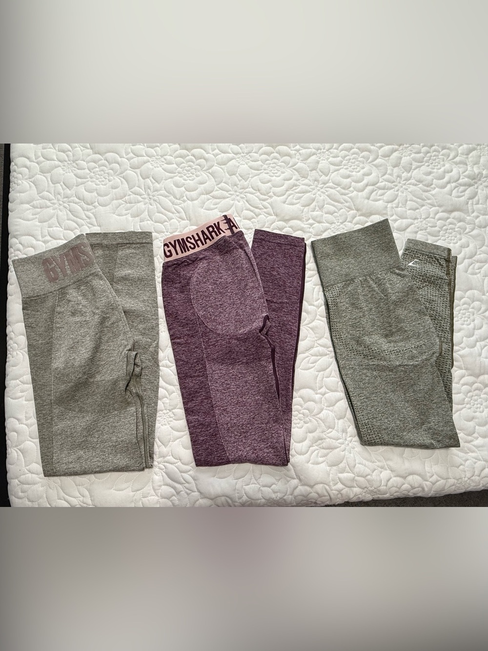 Gymshark Leggings Trio - Light Gray, Plum, and Greenish-Gray